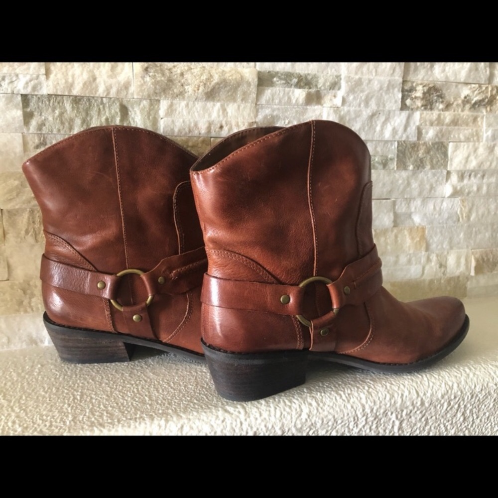 Franco Sarto Genuine Leather Western Short Harness Cowgirl Boots Cognac brown - Picture 2 of 16